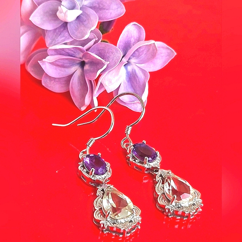 926 Sterling Silver Earrings with Natural Green Amethyst & Amethyst